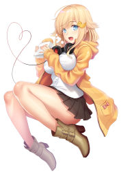 Rule 34 | 1girl, blonde hair, blush, boots, breasts, duck hair ornament, food, full body, high heel boots, high heels, hood, hood down, hooded jacket, jacket, large breasts, long hair, looking at viewer, okitakung, open clothes, open jacket, open mouth, pleated skirt, skirt, solo, white background, xiaoguang (you can eat the girl), you can eat the girl