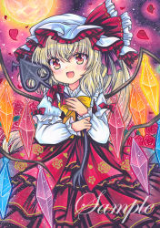 Rule 34 | 1girl, black background, blonde hair, blouse, blush, bow, bowtie, collar, collared shirt, crystal, dress, english text, fang, flandre scarlet, flower, gradient background, hair between eyes, hair bow, hat, hat ribbon, jewelry, leaf, long sleeves, looking to the side, marker (medium), mob cap, multicolored wings, one side up, open mouth, petals, pink background, pink bow, polearm, puffy long sleeves, puffy sleeves, purple background, red bow, red dress, red eyes, red flower, red ribbon, red rose, ribbon, rose, rui (sugar3), sample watermark, shirt, short hair, smile, solo, spear, touhou, traditional media, watermark, weapon, white hat, white shirt, white sleeves, wings, yellow bow, yellow bowtie