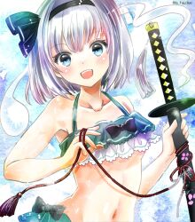 Rule 34 | 1girl, aqua eyes, bikini, black hairband, breasts, commentary request, ghost, green bikini, grey hair, hairband, hajike akira, highres, holding, holding sword, holding weapon, konpaku youmu, konpaku youmu (ghost), looking at viewer, navel, open mouth, short hair, small breasts, solo, swimsuit, sword, teeth, touhou, traditional media, upper teeth only, weapon