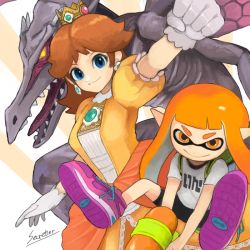 Rule 34 | 2girls, alien, arm up, bike shorts, black shorts, blue eyes, brown hair, clenched hand, crown, dragon, dress, earrings, gloves, holding, inkling, inkling girl, inkling player character, jewelry, long hair, looking at viewer, mario (series), mask, metroid, monster, multiple girls, nintendo, orange hair, pointy ears, princess daisy, ridley, sharp teeth, shirt, shoes, shorts, smile, spikes, squid girl, super mario land, super smash bros., teeth, tentacle hair, tomboy, tongue, weapon, wings, yellow dress, yellow eyes