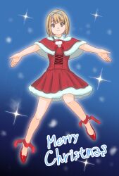 Rule 34 | 1girl, 22/7, blonde hair, blue background, bxtbsy7q76gxh73, closed mouth, full body, hair ornament, hair ribbon, highres, looking at viewer, merry christmas, outstretched arms, red footwear, ribbon, saito nicole, santa costume, short hair, solo, spread arms