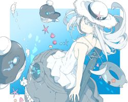 Rule 34 | 1girl, abyssal ship, blue eyes, chest strap, colored skin, dress, glowing, glowing eyes, hat, kantai collection, lifebuoy, long hair, looking at viewer, new submarine princess, ninimo nimo, pale skin, smile, solo, sundress, swim ring, torpedo, white dress, white hair, white skin