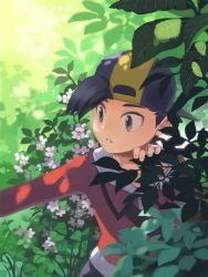 Rule 34 | 1boy, backwards hat, bad id, bad pixiv id, baseball cap, black hair, black headwear, commentary request, creatures (company), day, ethan (pokemon), flower, foliage, frown, game freak, grey eyes, hand up, hat, highres, jacket, leaf, looking to the side, male focus, nintendo, outdoors, outstretched arm, pants, parted lips, pokemon, pokemon hgss, red jacket, short hair, white flower, xichii, zipper pull tab