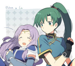 Rule 34 | 2girls, :d, ^ ^, armor, bad id, bad pixiv id, blush, blush stickers, breastplate, circlet, closed eyes, closed eyes, fingerless gloves, fire emblem, fire emblem: the blazing blade, florina (fire emblem), gloves, green eyes, green hair, lyn (fire emblem), megata, multiple girls, nintendo, open mouth, ponytail, purple hair, shoulder-to-shoulder, smile