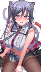 Rule 34 | 1girl, absurdres, amahara subaru, animal ears, black hair, blush, breasts, camisole, cat ears, cat girl, cat tail, chain, chain leash, chest harness, collar, denim, denim shorts, fang, harness, highres, indie virtual youtuber, isonade orca, large breasts, leash, looking at viewer, navel, necktie, open mouth, pantyhose, pink necktie, purple eyes, shorts, sitting, skin fang, solo, tail, thighband pantyhose, twintails, virtual youtuber, wariza, white background