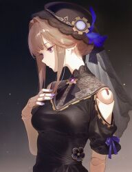 black_dress breasts brown_hair closed_mouth doll_joints dress flower hat herta_(honkai:_star_rail) honkai:_star_rail honkai_(series) joints looking_down nail_polish neck poki_(j0ch3fvj6nd) sidelocks simple_background