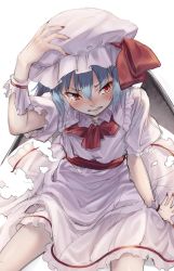 Rule 34 | 1girl, arm up, bat wings, blue hair, blush, clenched teeth, commentary request, cowboy shot, dress, frilled shirt collar, frills, hair between eyes, hand on headwear, hat, hat ribbon, highres, looking at viewer, mob cap, nail polish, oborofu, puffy short sleeves, puffy sleeves, red eyes, red nails, red neckwear, red ribbon, red sash, remilia scarlet, ribbon, sash, short hair, short sleeves, simple background, sitting, solo, tears, teeth, thighs, torn clothes, torn dress, touhou, v-shaped eyebrows, white background, white dress, white hat, wings, wrist cuffs