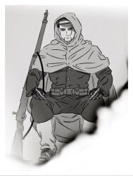 Rule 34 | 1boy, absurdres, ammunition pouch, belt, boots, buttons, cloak, closed mouth, facial hair, full body, gloves, goatee, golden kamuy, greyscale, gun, highres, hood, hooded cloak, jacket, legs apart, looking at viewer, male focus, military uniform, monochrome, ogata hyakunosuke, onedudu6, pants, pouch, rifle, rock, short hair, sitting, smile, solo, uniform, weapon