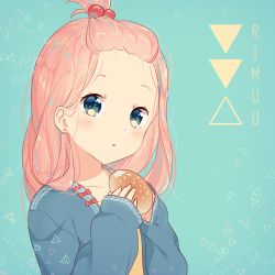 Rule 34 | 1girl, bad id, bad pixiv id, bangs pinned back, blue background, blue eyes, blush, collarbone, food, hair bobbles, hair ornament, holding, holding food, long hair, looking at viewer, original, parted lips, pink hair, rimuu, solo, upper body