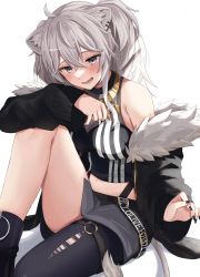 Rule 34 | 1girl, ahoge, animal ears, arm on knee, black footwear, black jacket, black nails, black shirt, black thighhighs, blush, boots, breasts, commentary, cropped shirt, ear piercing, fur-trimmed jacket, fur trim, grey eyes, grey skirt, hair between eyes, highres, hololive, jacket, jewelry, lion ears, lion tail, long hair, looking at viewer, medium breasts, midriff, miniskirt, moonbell, nail polish, navel, necklace, o-ring, o-ring legwear, o-ring thigh strap, off shoulder, open clothes, open jacket, open mouth, piercing, shirt, shishiro botan, shishiro botan (1st costume), silver hair, simple background, single thighhigh, sitting, skirt, sleeveless, sleeveless shirt, smile, solo, striped clothes, striped shirt, tail, thigh strap, thighhighs, thighs, torn clothes, torn thighhighs, two side up, vertical-striped clothes, vertical-striped shirt, virtual youtuber, white background, zipper skirt
