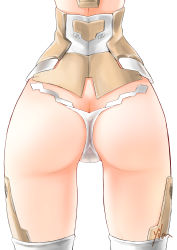 Rule 34 | 10s, 1girl, artist name, ass, ass focus, butt crack, cameltoe, close-up, frame arms girl, from behind, highres, legs apart, lower body, materia (frame arms girl), materia shiro, mecha musume, no pants, out of frame, signature, simple background, solo, strapless bottom, thighhighs, white background, white thighhighs, yilan (z2256721), yilan un