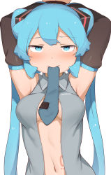 Rule 34 | 1girl, abmayo, armpits, arms up, breasts, detached sleeves, grey shirt, hatsune miku, highres, long hair, looking at viewer, medium breasts, meme, mouth hold, navel, necktie, necktie in mouth, open clothes, open shirt, shirt, simple background, solo, tie clip, twintails, upper body, very long hair, vocaloid, white background