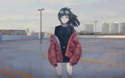 Rule 34 | 1girl, absurdres, arms at sides, black hair, black shirt, black skirt, cityscape, closed mouth, cloud, cloudy sky, crying, day, down jacket, expressionless, eyewear on head, feet out of frame, grey eyes, grey sky, highres, jacket, kgt (pixiv12957613), lamppost, long sleeves, looking at viewer, medium hair, off shoulder, on roof, open clothes, open jacket, original, outdoors, parking lot, red jacket, scenery, shirt, sidelocks, skirt, sky, sleeves past wrists, solo, standing