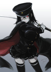 Rule 34 | 1girl, akitsu maru (kancolle), black cape, black hair, black hat, black skirt, breasts, cape, cowboy shot, eyepatch, fyuo, gloves, hat, highres, kantai collection, large breasts, looking at viewer, military, military hat, military uniform, pale skin, peaked cap, pleated skirt, red eyes, short hair, skirt, solo, sword, thighhighs, uniform, weapon, white gloves