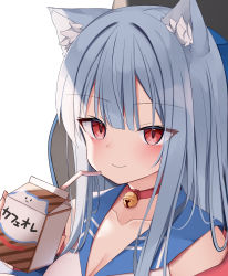 Rule 34 | 1girl, animal ear fluff, animal ears, bell, blue sailor collar, blush, breasts, choker, cleavage, closed mouth, grey hair, hand up, highres, holding, jingle bell, kamu (geeenius), looking at viewer, neck bell, plivyou, red choker, red eyes, sailor collar, shikai yue, shirt, smile, solo, upper body, virtual youtuber, white shirt