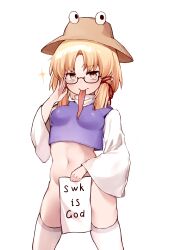 Rule 34 | 1girl, absurdres, blonde hair, brown headwear, commentary, covering crotch, covering privates, crop top, english text, glasses, highres, long tongue, looking at viewer, medium hair, moriya suwako, navel, no panties, parted lips, purple shirt, shirt, sidelocks, simple background, solo, thighhighs, tongue, touhou, utsuro114514, white background, white thighhighs, yellow eyes
