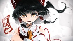 Rule 34 | 1girl, absurdres, bad id, bad pixiv id, between fingers, black hair, bow, commentary request, detached sleeves, fuji tarawi, hair bow, hair tubes, hakurei reimu, hand up, highres, holding, long hair, looking at viewer, nontraditional miko, ofuda, open mouth, ponytail, red bow, red shirt, shirt, solo, touhou, upper body, white background, wind, yellow eyes, yellow neckwear