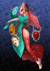 Rule 34 | 1girl, absurdres, adapted costume, alternate costume, ass, aura, chongtian yixiao shualuanfei, dress, dual wielding, floating, floral print, folding fan, fox mask, full body, gradient background, hand fan, hata no kokoro, highres, holding, japanese clothes, leaf, leaf background, lips, lipstick, long hair, makeup, mask, mask on head, noh mask, nose, oni mask, open mouth, petals, pink hair, purple eyes, rose petals, shiny skin, side slit, solo, teeth, thighhighs, thighs, touhou