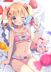 Rule 34 | 1girl, ;p, ahoge, arm support, bare arms, bare shoulders, blonde hair, blush, bow, bow bra, bow panties, bra, breasts, cake, candy, closed mouth, collarbone, commentary request, food, frilled bra, frilled panties, frills, fruit, hair between eyes, hair bow, heart, heart-shaped lollipop, holding, holding candy, holding food, holding lollipop, lollipop, long hair, mini person, minigirl, navel, one eye closed, original, pan (mimi), panties, pink bow, pink bra, pink panties, polka dot, polka dot bow, ringlets, shaped lollipop, single wrist cuff, sitting, small breasts, smile, solo, strawberry, stuffed animal, stuffed rabbit, stuffed toy, swirl lollipop, tongue, tongue out, twintails, underwear, underwear only, wrist cuffs