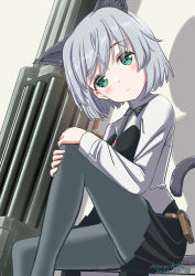 Rule 34 | 1girl, absurdres, animal ears, artist name, blush, breasts, cat ears, cat tail, commentary request, dated, green eyes, grey background, grey hair, highres, light smile, looking at viewer, military uniform, naruchisukisuki, necktie, pantyhose, rocket launcher, sanya v. litvyak, shadow, simple background, sitting, small breasts, solo, strike witches, tail, uniform, weapon, world witches series