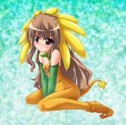 Rule 34 | &gt;:(, 1girl, aisaka taiga, breasts, brown eyes, brown hair, bunji, cleavage, cosplay, costume, dandylion, duel monster, elbow gloves, facial mark, flower, frown, full body, gloves, leaf, long hair, personification, pointy footwear, sitting, small breasts, solo, tail, toradora!, wariza, whisker markings, yu-gi-oh!