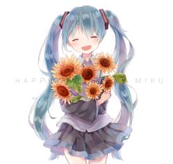 Rule 34 | 1girl, ^ ^, blue hair, character name, closed eyes, flower, happy birthday, hatsune miku, highres, holding, holding flower, long hair, open mouth, sentaro207, simple background, skirt, smile, solo, sunflower, twintails, very long hair, vocaloid, white background