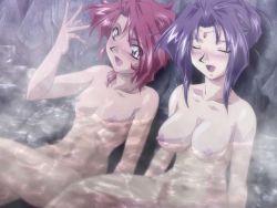 Rule 34 | 2girls, aina wilson, bath, blue hair, blush, breasts, circlet, closed eyes, cynthia woodword, flat chest, fortuna (game), game cg, hair up, multiple girls, mutou keiji, nipples, nude, onsen, open mouth, red hair, sitting, wading, water, yellow eyes, zyx