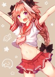 Rule 34 | 1boy, absurdres, arms up, astolfo (fate), astolfo (sailor paladin) (fate), black ribbon, blush, braid, brown background, fang, fate/grand order, fate (series), hair ribbon, highres, long hair, male focus, midriff, navel, official alternate costume, open mouth, pink eyes, pink hair, red skirt, ribbon, school uniform, serafuku, short sleeves, skirt, solo, star (symbol), sukemyon, trap