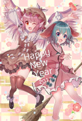 Rule 34 | 2017, 2girls, :d, ;d, animal ears, black footwear, bow, bowtie, broom, brown dress, brown hat, brown legwear, checkered background, dress, earrings, egasumi, fang, frilled hat, frilled sleeves, frills, green eyes, green hair, happy new year, hat, highres, jewelry, juliet sleeves, kasodani kyouko, knees together feet apart, long sleeves, looking at viewer, mob cap, multiple girls, mystia lorelei, neme, new year, one eye closed, open mouth, outstretched arms, pink dress, pink hair, puffy sleeves, red eyes, shoes, short hair, single earring, smile, spread arms, touhou, white bow, white bowtie, white legwear, winged hat, wings