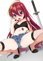 Rule 34 | 1girl, alastor (shakugan no shana), amulet, arm behind back, black footwear, blush, collar, commission, denim, denim shorts, fellatio gesture, fishnet thighhighs, fishnets, full body, hair between eyes, hand on floor, highres, midriff, navel, ok sign, open clothes, open shorts, red eyes, red hair, ruruepa, sexually suggestive, shakugan no shana, shana, shorts, skeb commission, solo, spread legs, squatting, strap slip, sweat, sword, thighhighs, thighs, tongue, tongue out, unmoving pattern, weapon, white background