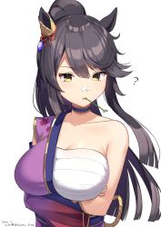 Rule 34 | 1girl, ?, absurdres, arms under breasts, bare shoulders, black hair, blue choker, breasts, chest sarashi, choker, cleavage, collarbone, commentary request, crossed arms, floating hair, hadanugi dousa, hair between eyes, high ponytail, highres, hirota fruit, japanese clothes, kimono, large breasts, long hair, long sleeves, mouth hold, narita brian (heavenly laughter kaburaya) (umamusume), narita brian (umamusume), off shoulder, open clothes, open kimono, parted lips, ponytail, purple kimono, sarashi, simple background, solo, stalk in mouth, umamusume, v-shaped eyebrows, very long hair, white background, wide sleeves, yellow eyes