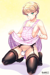 Rule 34 | 1boy, :o, apron, apron lift, artist name, bare arms, bare shoulders, black thighhighs, blonde hair, blush, bulge, chinanago, chinanago7010, clothes lift, collarbone, garter belt, gradient background, green eyes, groin, highres, kneeling, lace, lace-trimmed legwear, lace trim, lifted by self, looking at viewer, male focus, original, panties, penis, penis peek, plaid, plaid apron, shiny clothes, shiny legwear, short hair, signature, solo, string panties, testicle peek, thighhighs, tiptoes, trap, twitter username, underwear, white panties