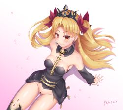 Rule 34 | 1girl, absurdres, bar censor, black dress, black thighhighs, blonde hair, blush, bottomless, bow, breasts, censored, collarbone, commentary request, detached collar, dress, earrings, ereshkigal (fate), fate/grand order, fate (series), from above, hair bow, hair ribbon, highres, jewelry, long hair, looking at viewer, parted bangs, pussy, red eyes, ribbon, sitting, skull, smile, solo, thighhighs, tiara, two side up, very long hair, yanows