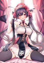 Rule 34 | 1girl, :o, armpits, bare shoulders, breasts, demon tail, dress, emyo, frilled dress, frilled skirt, frills, highres, large breasts, long hair, looking at viewer, maid, maid headdress, medium breasts, open mouth, original, pink eyes, purple hair, red eyes, ribbon, skirt, tail, twintails, very long hair