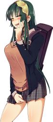 Rule 34 | 1girl, at2., backpack, bag, breasts, brown eyes, green hair, large breasts, long hair, long sleeves, looking at viewer, parted lips, pleated skirt, skirt, solo, teeth, touhoku zunko, transparent background, upper teeth only, v, voiceroid