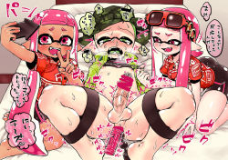 Rule 34 | 1boy, 2girls, anal, anal beads, anal object insertion, arms behind back, barefoot, bdsm, bed, beret, bike shorts, blush, bondage, bound, camera, censored, dildo, erection, feet, femdom, green eyes, green hair, grin, hat, inkling player character, kneeling, long hair, lying, multiple girls, nintendo, nipple clamps, nipples, obata riri, object insertion, on bed, open clothes, open mouth, open shirt, penis, pink eyes, pink hair, saliva, sex toy, short hair, smile, splatoon (series), spread legs, tears, teeth, tongue, translation request, urethral insertion, veins, veiny penis