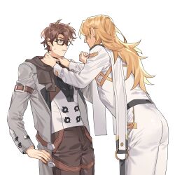 Rule 34 | 2boys, arm belt, belt, black-framed eyewear, blonde hair, brown belt, brown hair, brown scarf, chinese commentary, closed mouth, glasses, grey jacket, hair between eyes, hand up, hands on another&#039;s neck, highres, honkai: star rail, honkai (series), jacket, long hair, long jacket, long sleeves, looking at another, male focus, multicolored hair, multiple boys, orange eyes, pants, parted lips, scarf, shirt, short hair, simple background, smile, standing, streaked hair, sweat, vest, void archives (honkai impact), welt yang, white background, white hair, white pants, white shirt, white vest, yaoi, zhangzuisang