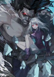 Rule 34 | 1boy, 1girl, absurdres, ascot, black hair, bracelet, closed mouth, collared shirt, commentary request, dark-skinned male, dark skin, dated, fate/stay night, fate (series), floating hair, frilled skirt, frills, glowing, glowing eyes, heracles (fate), heterochromia, highres, illyasviel von einzbern, jewelry, large pectorals, long hair, long sleeves, looking at viewer, muscular, muscular male, nao (syn eaa), open mouth, pectorals, pink ascot, purple footwear, purple shirt, red eyes, shirt, signature, silver hair, sitting, sitting on hand, size difference, skirt, sleeves past wrists, teeth, topless male, veins, white skirt, yellow eyes