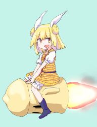 Rule 34 | 1girl, :d, armor, armored dress, black footwear, blonde hair, blue background, commentary request, double bun, dress, fang, fire, full body, hair bun, hair ribbon, haniwa (statue), highres, joutouguu mayumi, kalmia495, looking at viewer, open mouth, ribbon, riding rocket, short hair, short sleeves, simple background, sitting, smile, solo, touhou, white ribbon, yellow dress, yellow eyes