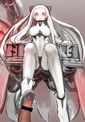 Rule 34 | 10s, 1girl, abyssal ship, airfield princess, ankle boots, blush, boots, breasts, censored, footjob, horns, kantai collection, large breasts, long hair, looking at viewer, open mouth, pale skin, penis, red eyes, shoejob, sitting, solo focus, taji (crowview), tears, very long hair, white footwear, white hair