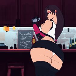 Rule 34 | 1girl, animated, animated gif, ass, ass shake, bar (place), bar stool, bare shoulders, breasts, brown hair, cdlum, crop top, curvy, elbow gloves, final fantasy, final fantasy vii, gloves, highres, huge ass, large breasts, long hair, panties, red eyes, seductive smile, seventh heaven, skirt, sleeveless, smile, solo, sports bra, square enix, stool, thick thighs, thighhighs, thighs, tifa lockhart, underwear, white panties, wide hips