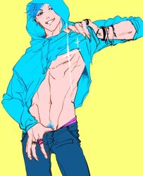 Rule 34 | 1boy, bad id, bad twitter id, blue eyes, blue hair, clothes lift, clothes pull, colored pubic hair, denim, grin, groin, hood, hoodie, jeans, jewelry, looking at viewer, mae (gamefreak), male focus, navel, open mouth, pants, pants pull, pubic hair, ring, shirt lift, smile, solo, sparkle, tamura yui, toned, toned male, yarichin bitch-bu