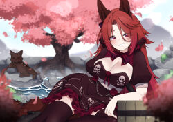 Rule 34 | 1girl, animal ear fluff, animal ears, black dress, black thighhighs, blurry, blurry background, blurry foreground, bow, bowtie, breasts, cat, cat ears, cat girl, cherry blossoms, cherry tree, cleavage cutout, clothing cutout, commission, dress, facial scar, flower, frilled dress, frills, hair between eyes, hair ribbon, highres, indie virtual youtuber, large breasts, leaning on object, long hair, open mouth, puffy short sleeves, puffy sleeves, red bow, red bowtie, red eyes, red flower, red hair, red ribbon, red rose, ribbon, rock, rose, scar, scar on cheek, scar on face, sharax (vtuber), short sleeves, skull and crossbones, smile, tail, thighhighs, tree, valefal coneri, vgen commission, virtual youtuber, water