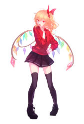 Rule 34 | 1girl, absurdres, alternate costume, arm up, black footwear, black skirt, black thighhighs, blonde hair, casual, commentary request, contemporary, contrapposto, drawstring, fang, flandre scarlet, full body, hair between eyes, hair ribbon, hand on own hip, hand on own face, hekiyama yurika, highres, hood, hoodie, loafers, long sleeves, looking at viewer, miniskirt, no headwear, no headwear, open mouth, pigeon-toed, red eyes, red hoodie, ribbon, shoes, short hair, simple background, skirt, solo, standing, thighhighs, touhou, white background, wings, zettai ryouiki