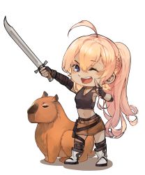 Rule 34 | 1girl, absurdres, animal, arm wrap, blonde hair, blue eyes, boots, capybara, chibi, closz, fingerless gloves, gloves, highres, kapi (the girl from arkanya), marisa (the girl from arkanya), midriff, one eye closed, ponytail, skirt, smile, sword, the girl from arkanya, thigh strap, thighs, weapon
