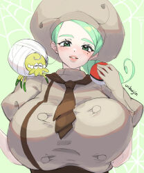 Rule 34 | 1girl, absurdres, ascot, blush, breasts, chef hat, creatures (company), facing viewer, game freak, gloves, green background, green eyes, green hair, hat, highres, huge breasts, katy (pokemon), lips, looking at viewer, mole, mole under eye, nintendo, on shoulder, parted lips, poke ball, poke ball (basic), pokemon, pokemon sv, ponytail, smile, tarountula, uchujin 416, upper body