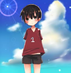 Rule 34 | 1boy, animal crossing, black shorts, blush, brown hair, child, cloud, highres, looking at viewer, nintendo, numbered, red shirt, shirt, short hair, shorts, sky, solo, sunlight, user fmwc5838, v-neck, villager (animal crossing)