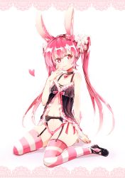Rule 34 | 1girl, animal ears, babydoll, bad id, bad pixiv id, bare shoulders, border, choker, flat chest, garter belt, garter straps, hand to own mouth, heart, highres, lace, lace border, long hair, navel, original, ornate border, pink thighhighs, rabbit ears, shibuki kamone, sitting, smile, solo, striped clothes, striped thighhighs, thighhighs, twintails, very long hair, wariza