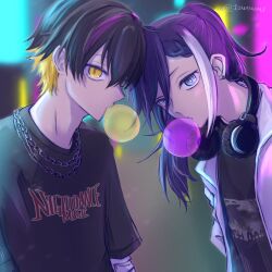 Rule 34 | 10mamomi, 2boys, banzoin hakka, black hair, blonde hair, blue eyes, blurry, blurry background, chain necklace, chewing gum, earrings, from side, headphones, headphones around neck, highres, holostars, holostars english, jewelry, layered sleeves, long hair, long sleeves, looking at viewer, male focus, multicolored hair, multiple boys, necklace, ponytail, purple hair, short hair, short over long sleeves, short sleeves, slit pupils, streaked hair, stud earrings, twitter username, two-tone hair, upper body, virtual youtuber, white hair, yatogami fuma, yellow eyes