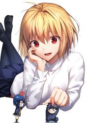 Rule 34 | 1boy, 2girls, ahoge, anger vein, angry, antenna hair, arcueid brunestud, black hair, black legwear, blonde hair, blue hair, blue jacket, blue pants, blue skirt, buttons, chibi, ciel (tsukihime), closed mouth, commentary request, crossed legs, fingernails, glasses, grey skirt, hair between eyes, hair intakes, hand on another&#039;s head, hand on own chin, herigaru (fvgyvr000), highres, jacket, long sleeves, lying, mini person, miniboy, minigirl, miniskirt, multiple girls, nail polish, open clothes, open jacket, open mouth, pants, pantyhose, pink nails, pleated skirt, red eyes, school uniform, short hair, sidelocks, simple background, sitting, size difference, skirt, smile, sweater, teeth, tohno shiki, tsukihime, tsukihime (remake), turtleneck, turtleneck sweater, upper teeth only, vampire, vest, white background, white sweater, yellow vest